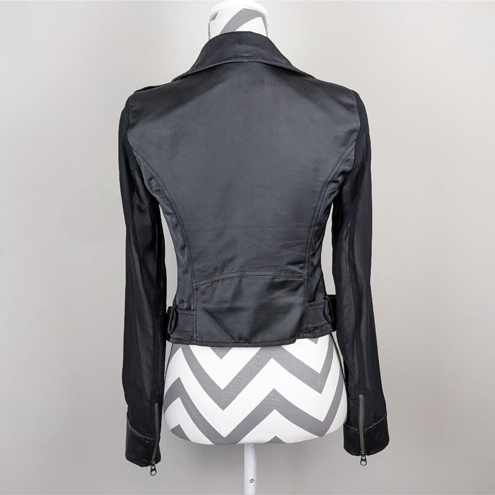 GUESS Satin Cropped Moto Jacket Sheer Sleeve Black XS Y2K - Picture 6 of 16